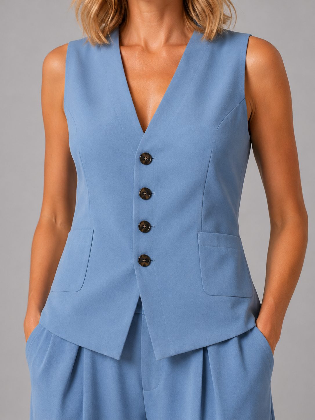 Sleeveless Waistcoat and Wide Leg Tailored Trousers Set for Women - View 3