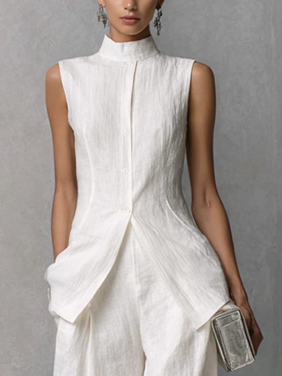 Sleeveless Wide Leg Linen Set for Women - View 4