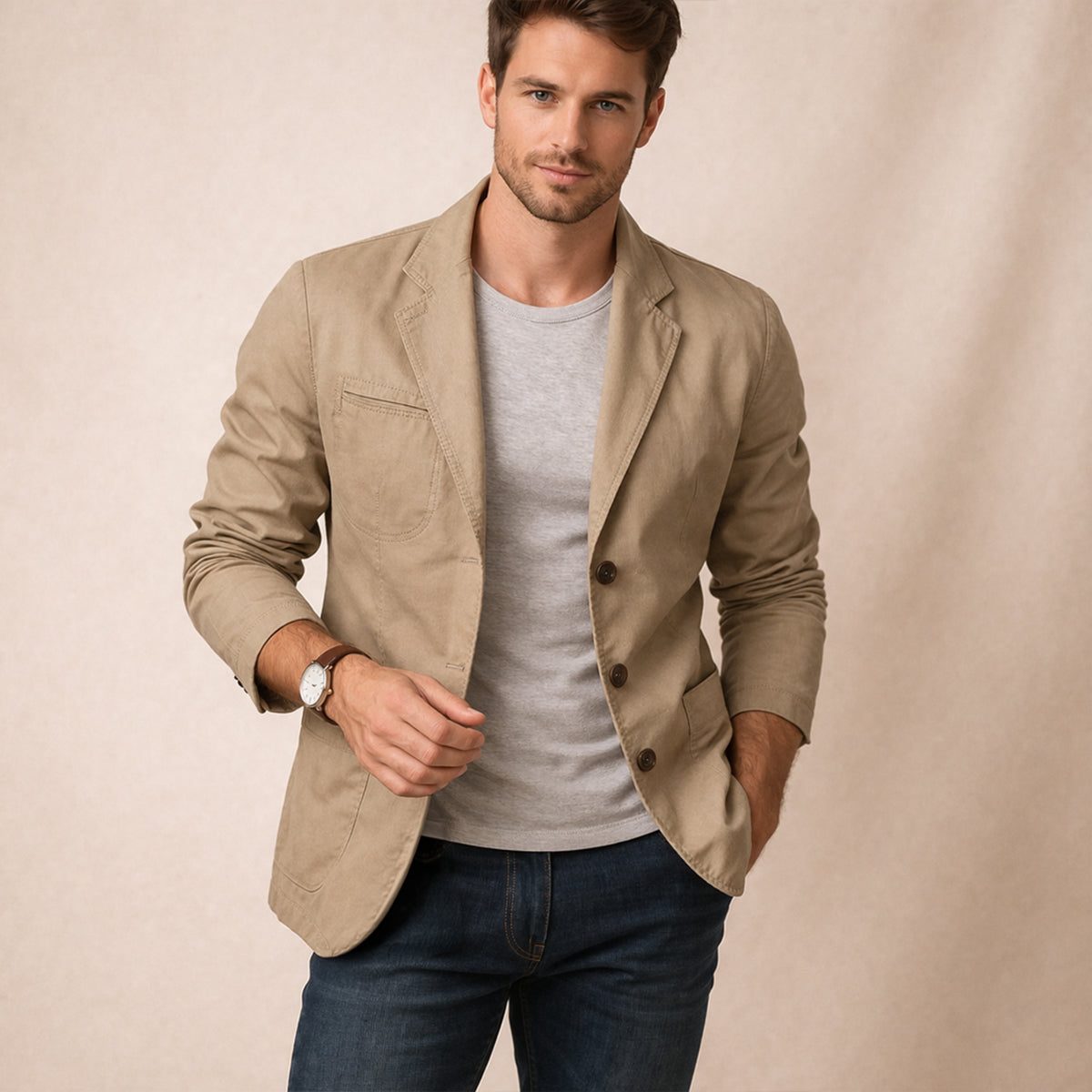 Slim Fit Cotton Blazer with Lapel Collar for Men - Khaki