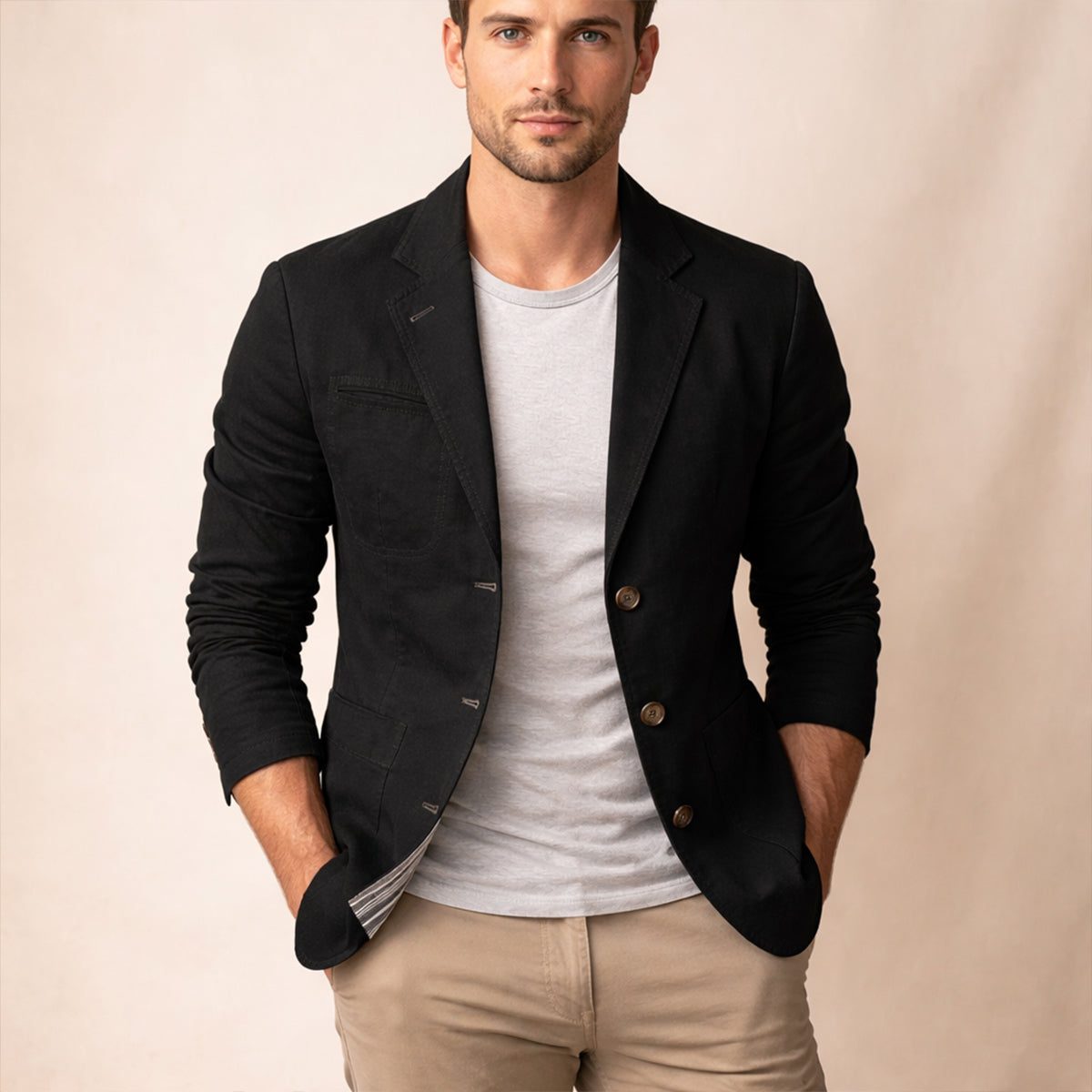 Slim Fit Cotton Blazer with Lapel Collar for Men - Black