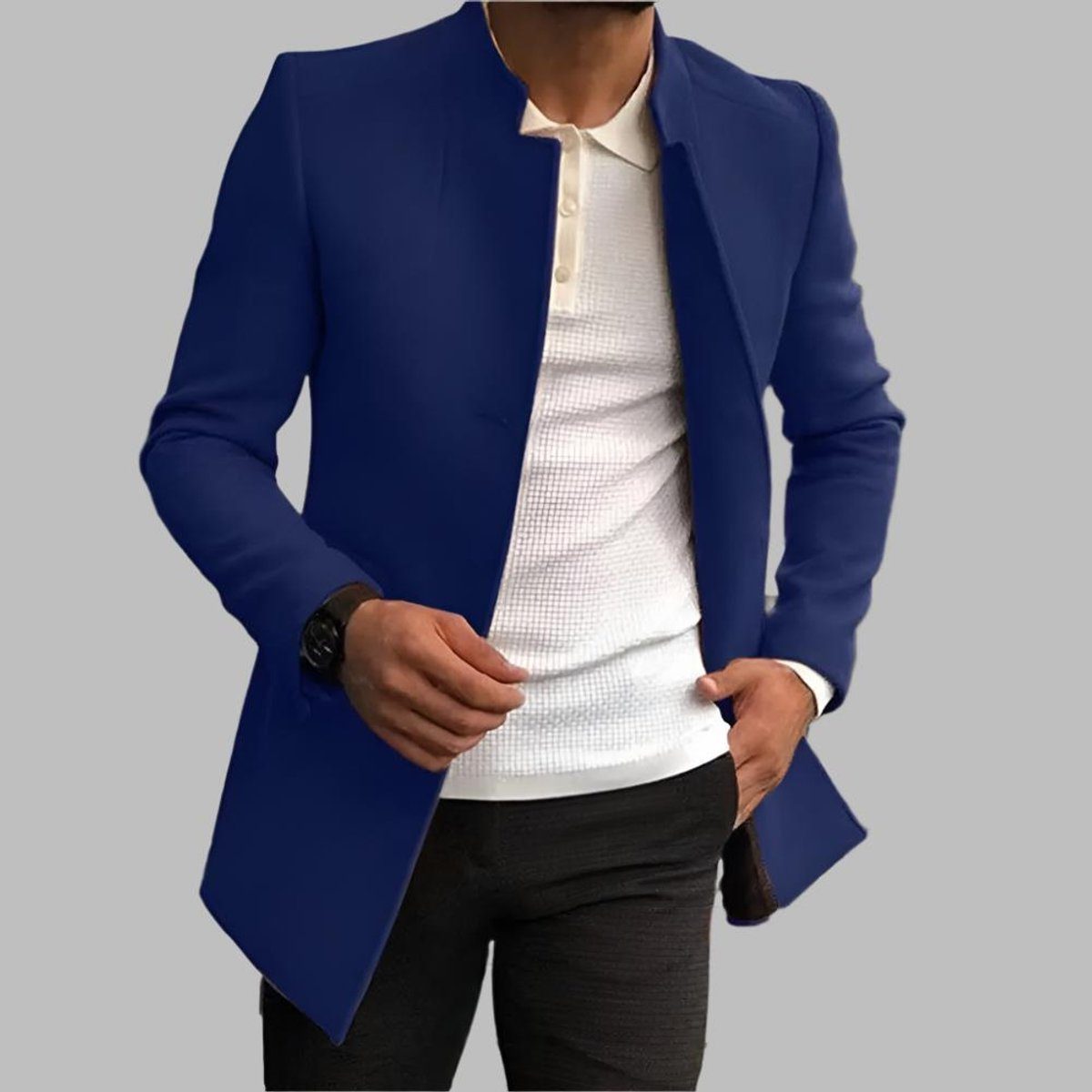 Slim Fit Stand Collar Wool Coat for Men - Blue