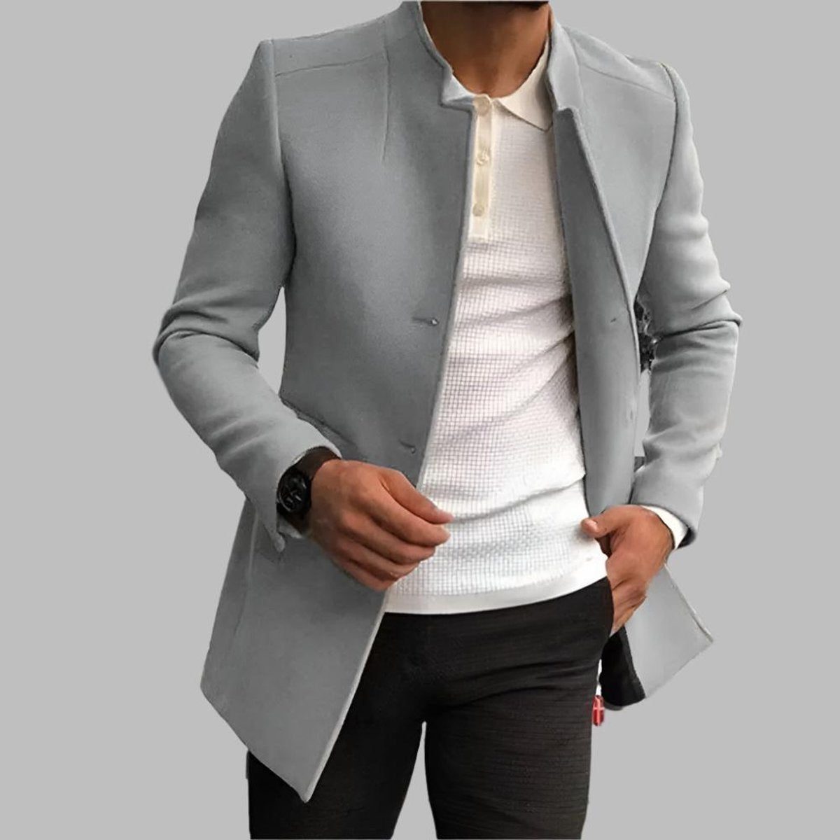 Slim Fit Stand Collar Wool Coat for Men - Grey