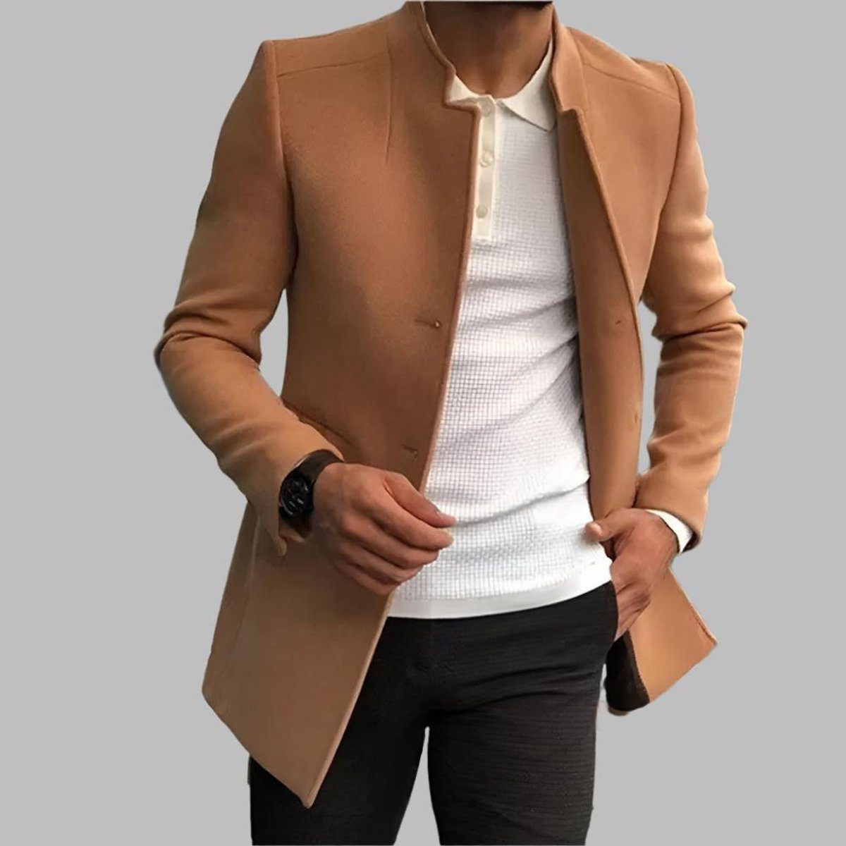Slim Fit Stand Collar Wool Coat for Men - Caramel
