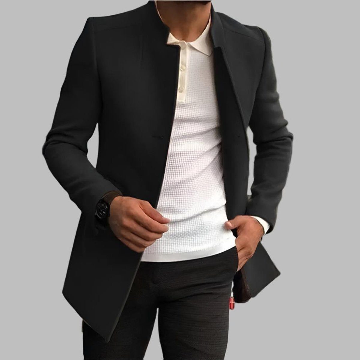 Slim Fit Stand Collar Wool Coat for Men - Black