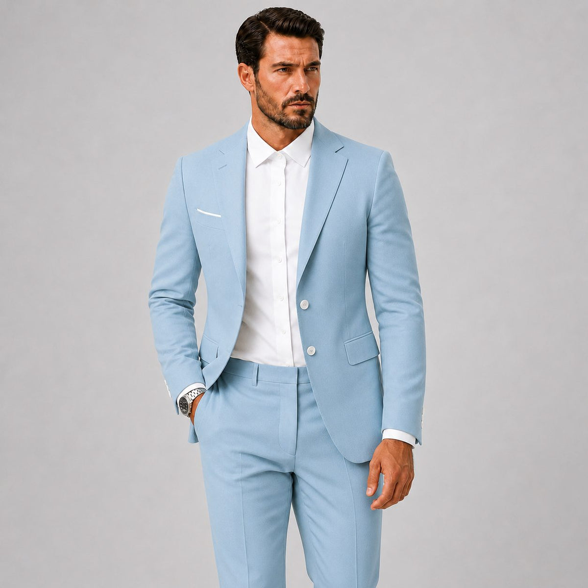 Slim Fit Two-Button Linen Suit Set for Men - Bleu Clair