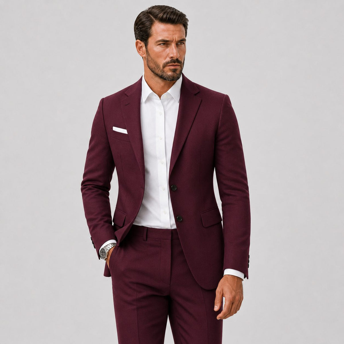 Slim Fit Two-Button Linen Suit Set for Men - Bordeaux