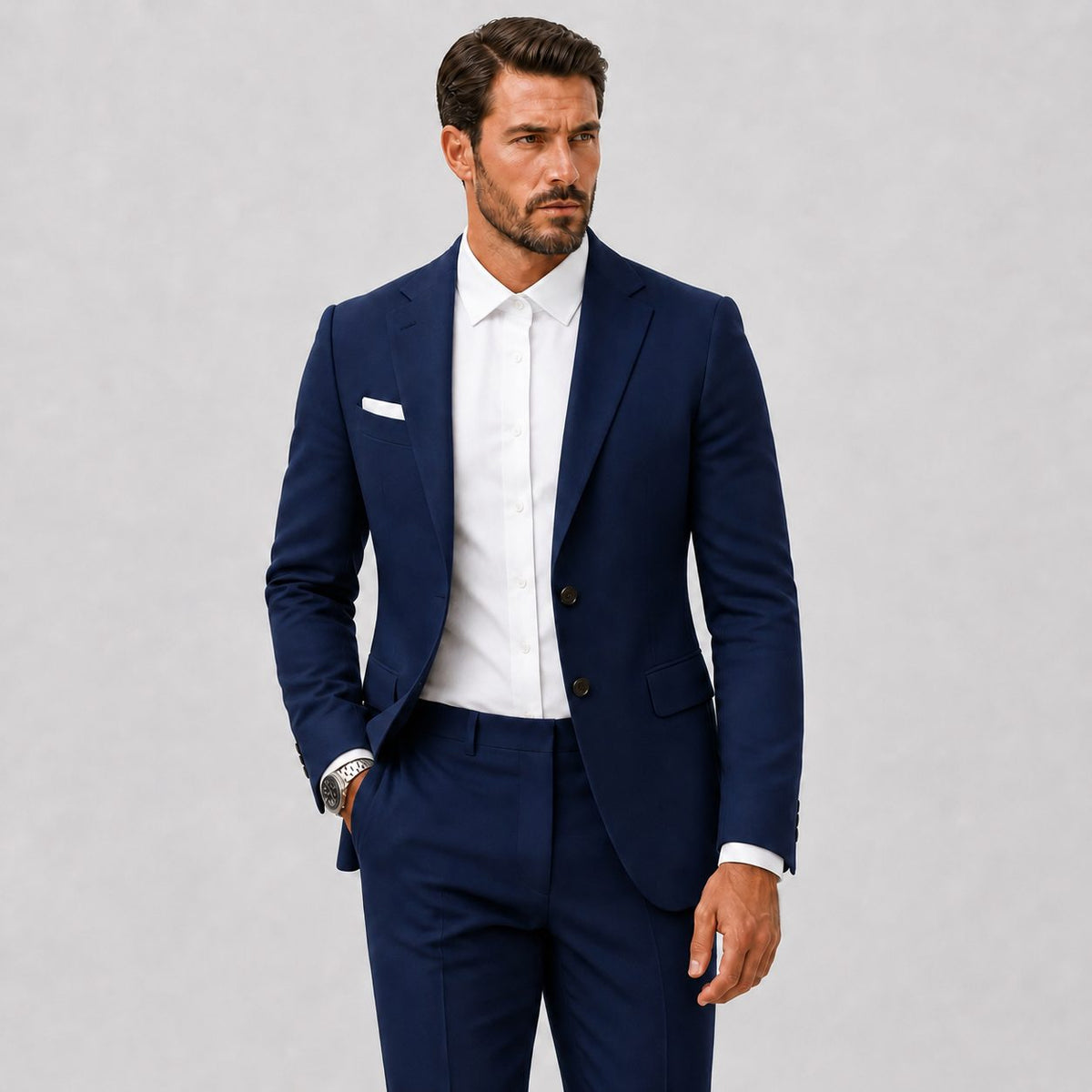 Slim Fit Two-Button Linen Suit Set for Men - Bleu Marine