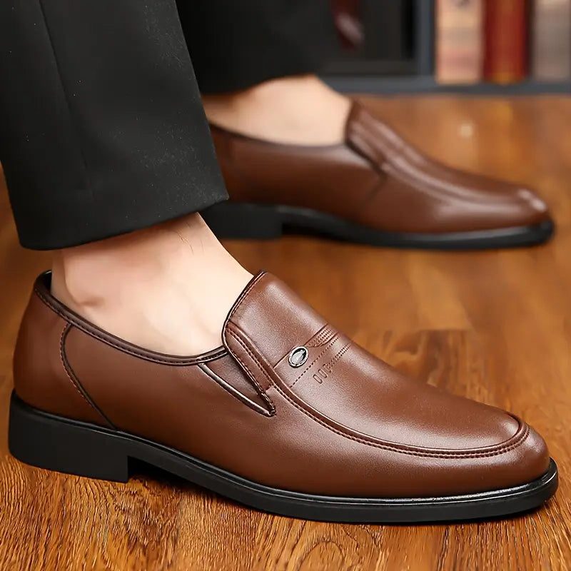 Leather Slip-On Loafers with Chunky Sole for Men - Brown