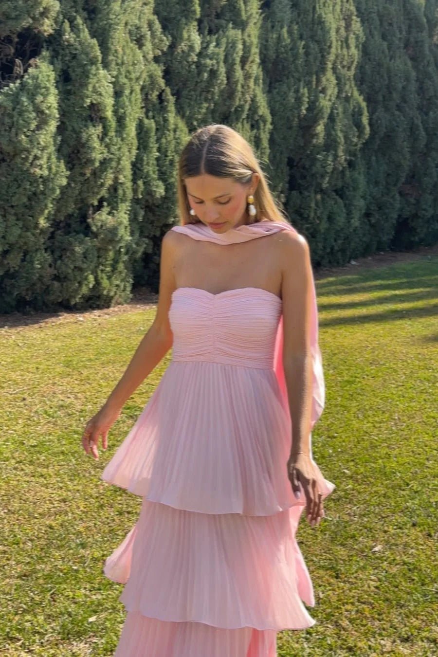 Strapless Pleated Tiered Wedding Guest Maxi Dress for Women