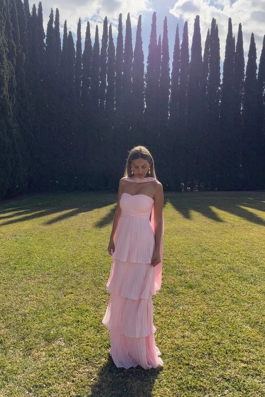 Strapless Pleated Tiered Wedding Guest Maxi Dress for Women