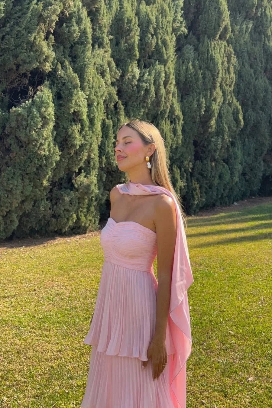 Strapless Pleated Tiered Wedding Guest Maxi Dress for Women