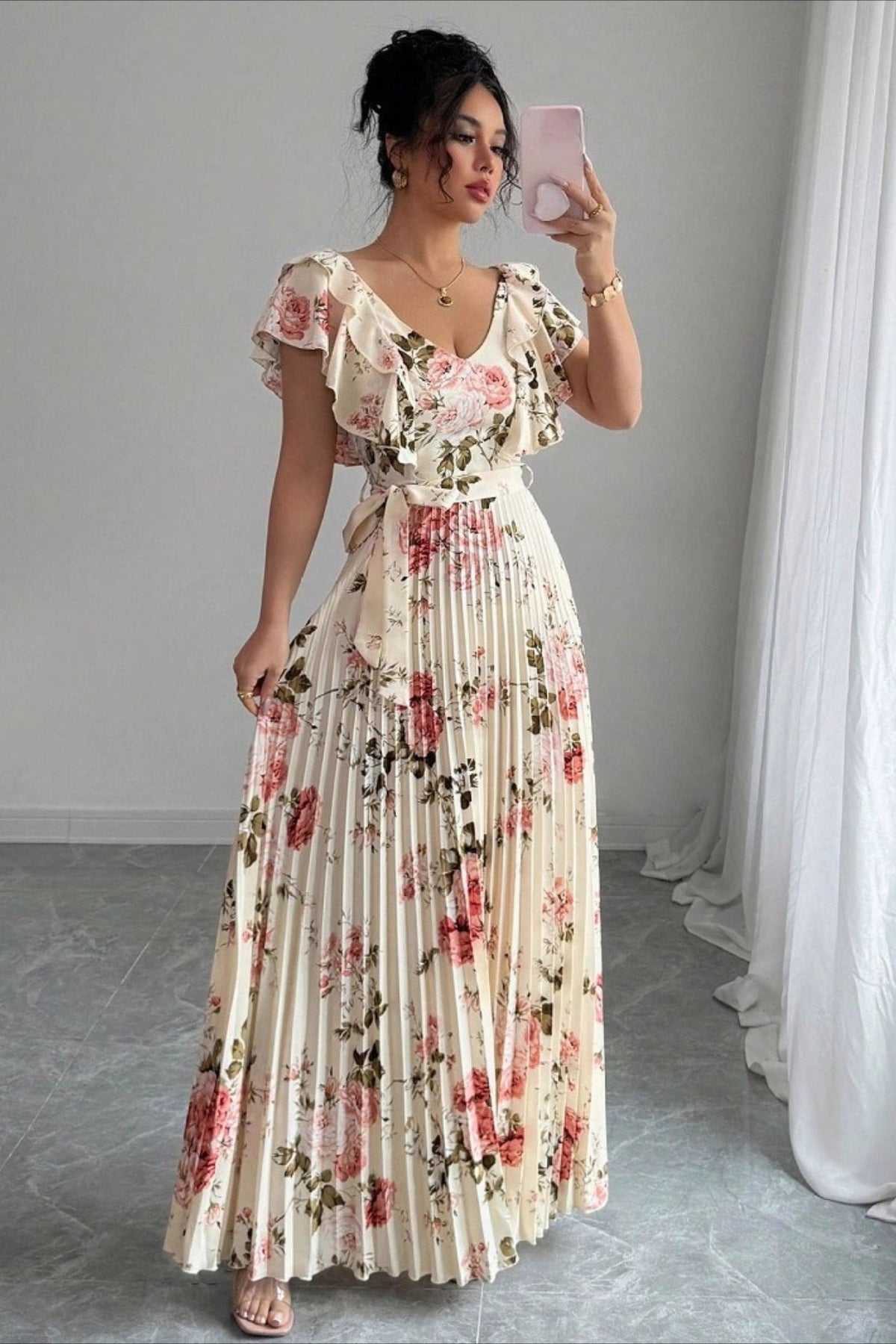 Floral V-Neck Ruffle Sleeve Wedding Guest Maxi Dress for Women