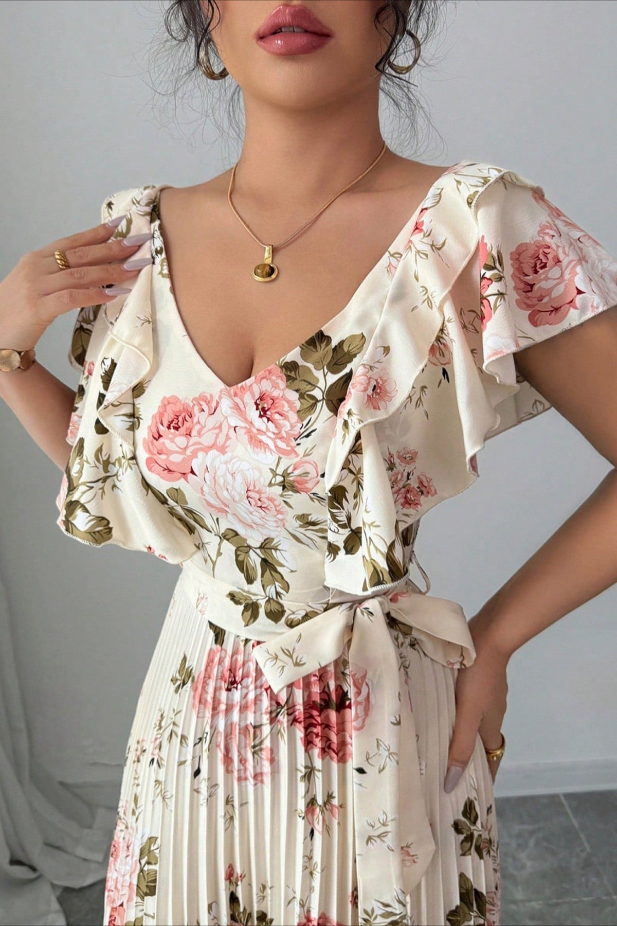 Floral V-Neck Ruffle Sleeve Wedding Guest Maxi Dress for Women
