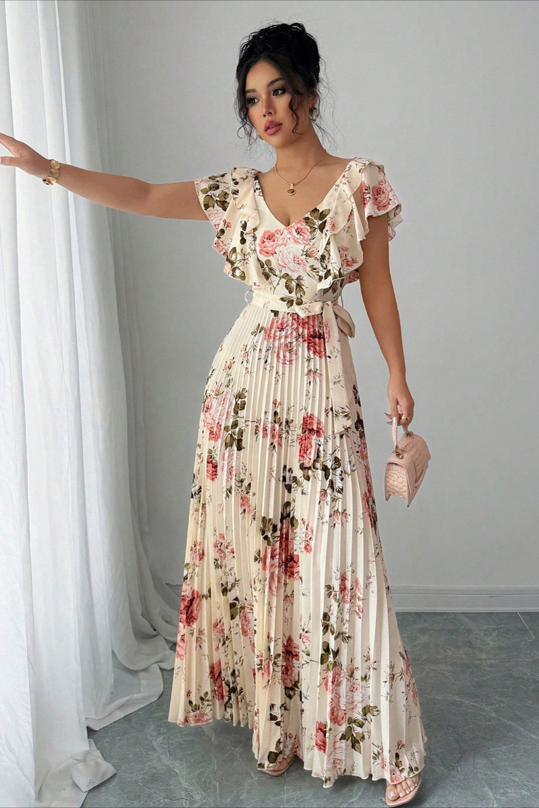 Floral V-Neck Ruffle Sleeve Wedding Guest Maxi Dress for Women