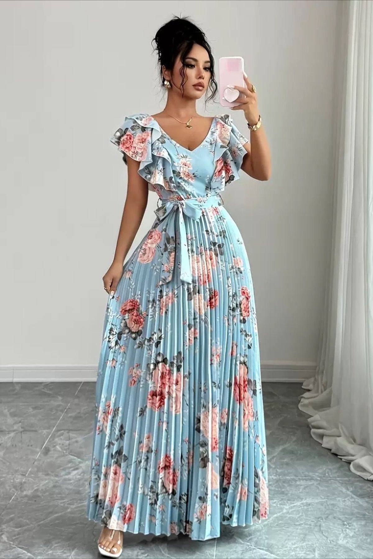 Floral V-Neck Ruffle Sleeve Wedding Guest Maxi Dress for Women