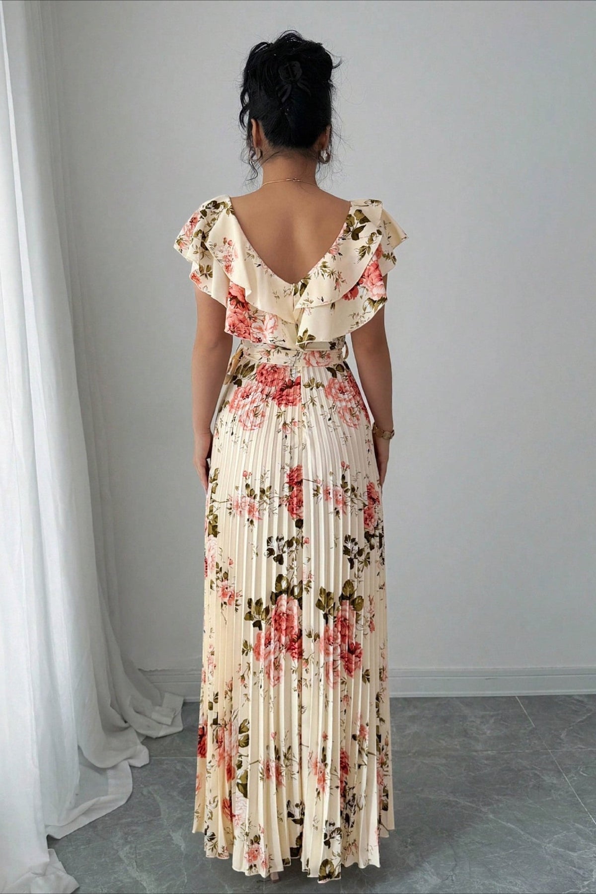Floral V-Neck Ruffle Sleeve Wedding Guest Maxi Dress for Women