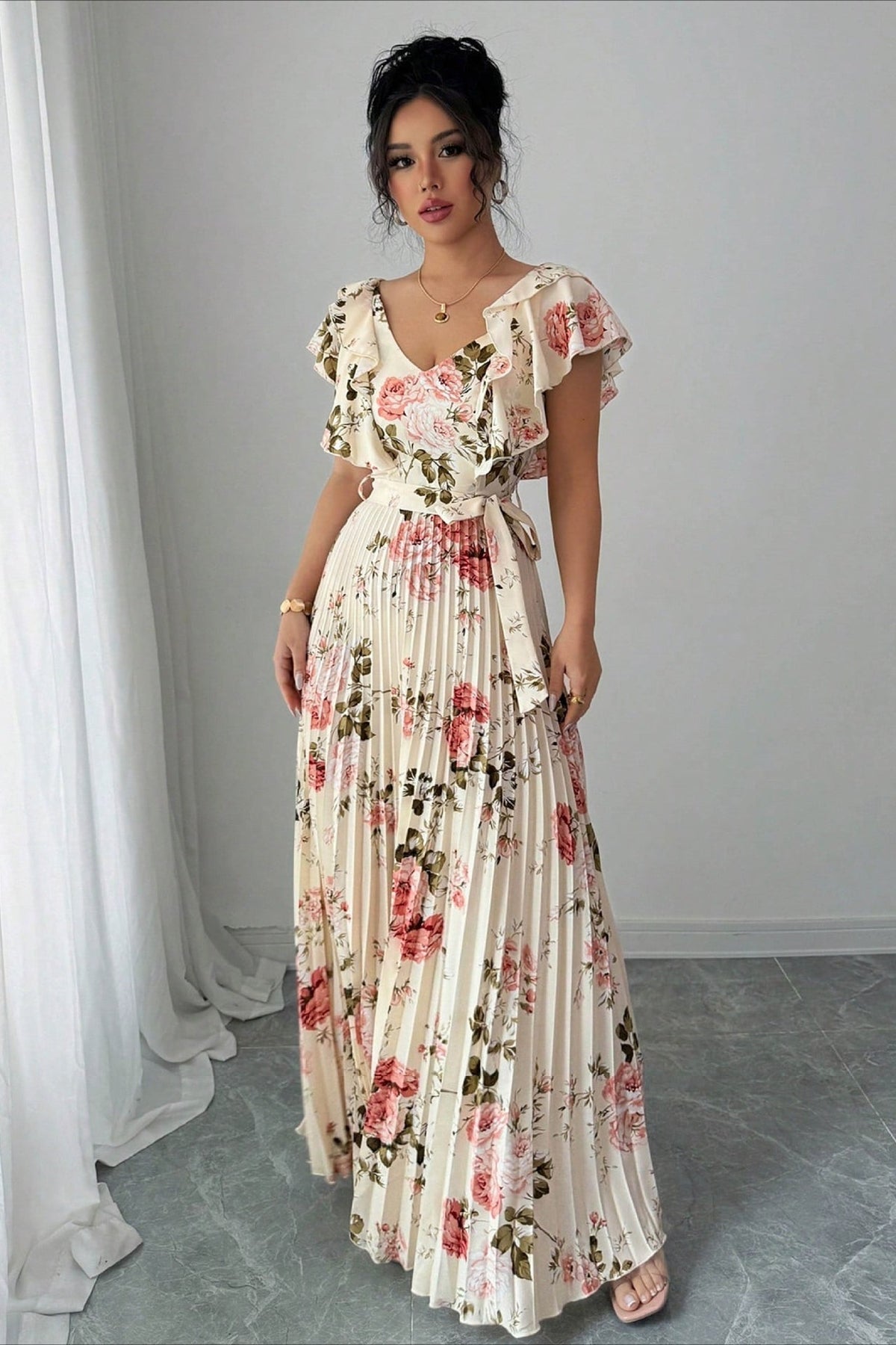 Floral V-Neck Ruffle Sleeve Wedding Guest Maxi Dress for Women