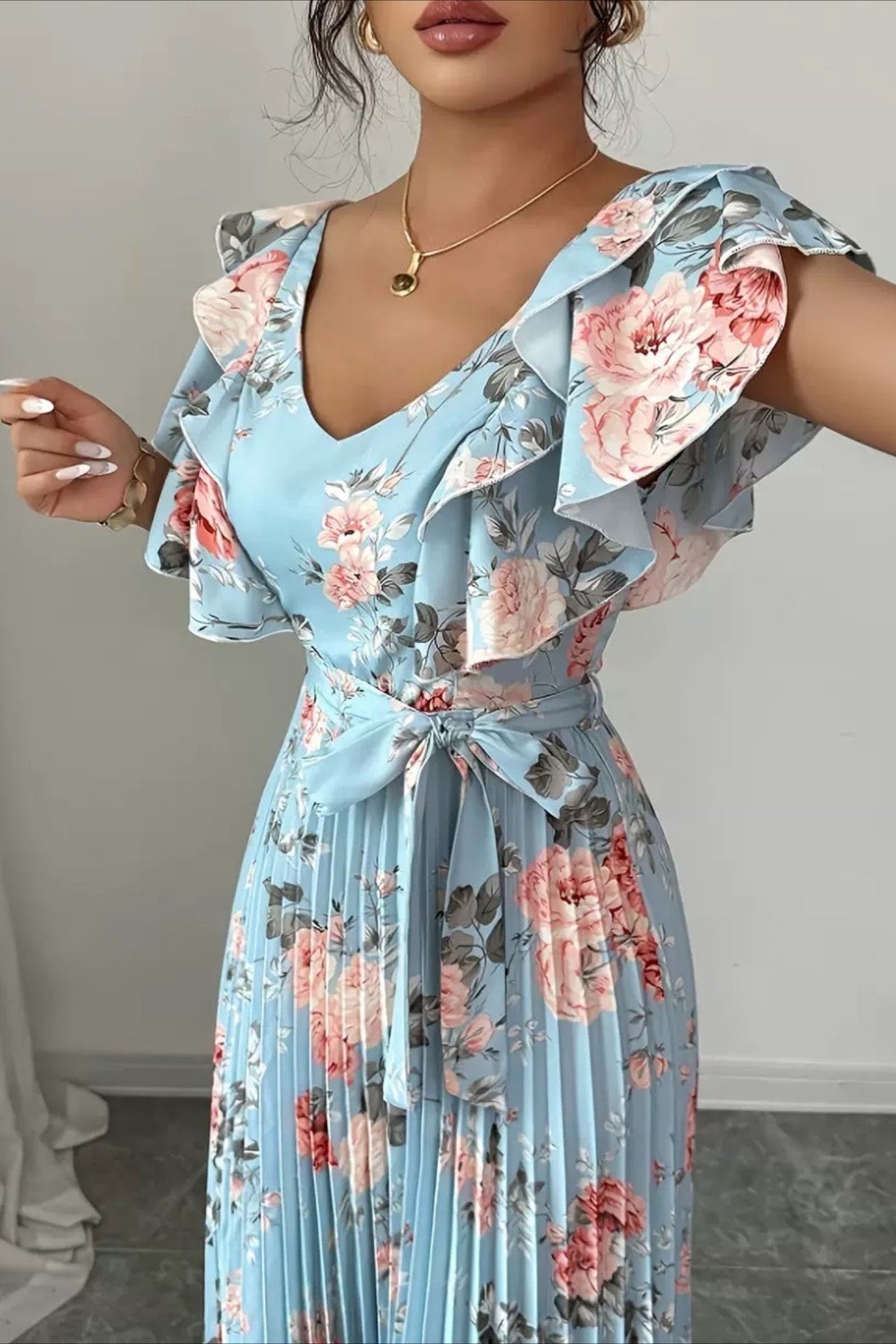 Floral V-Neck Ruffle Sleeve Wedding Guest Maxi Dress for Women