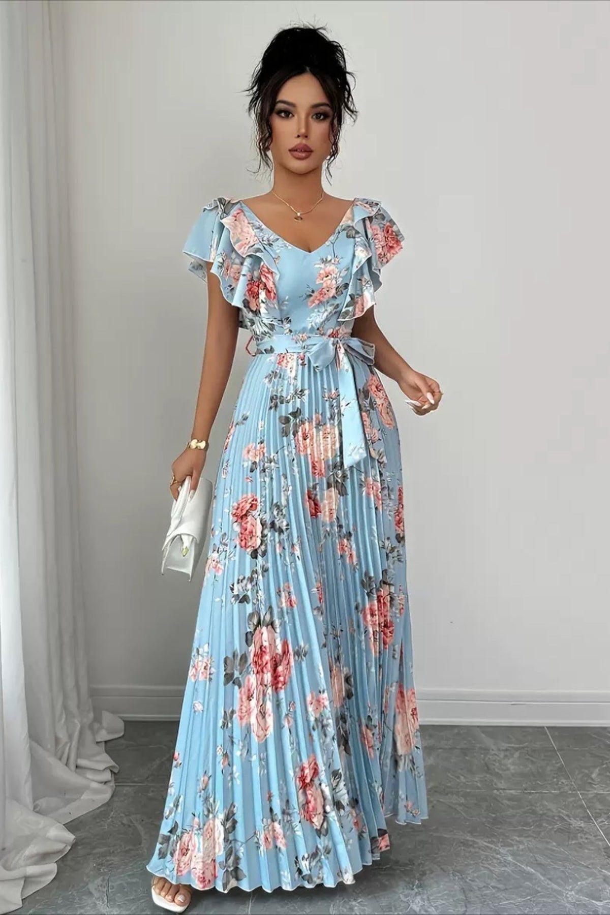 Floral V-Neck Ruffle Sleeve Wedding Guest Maxi Dress for Women