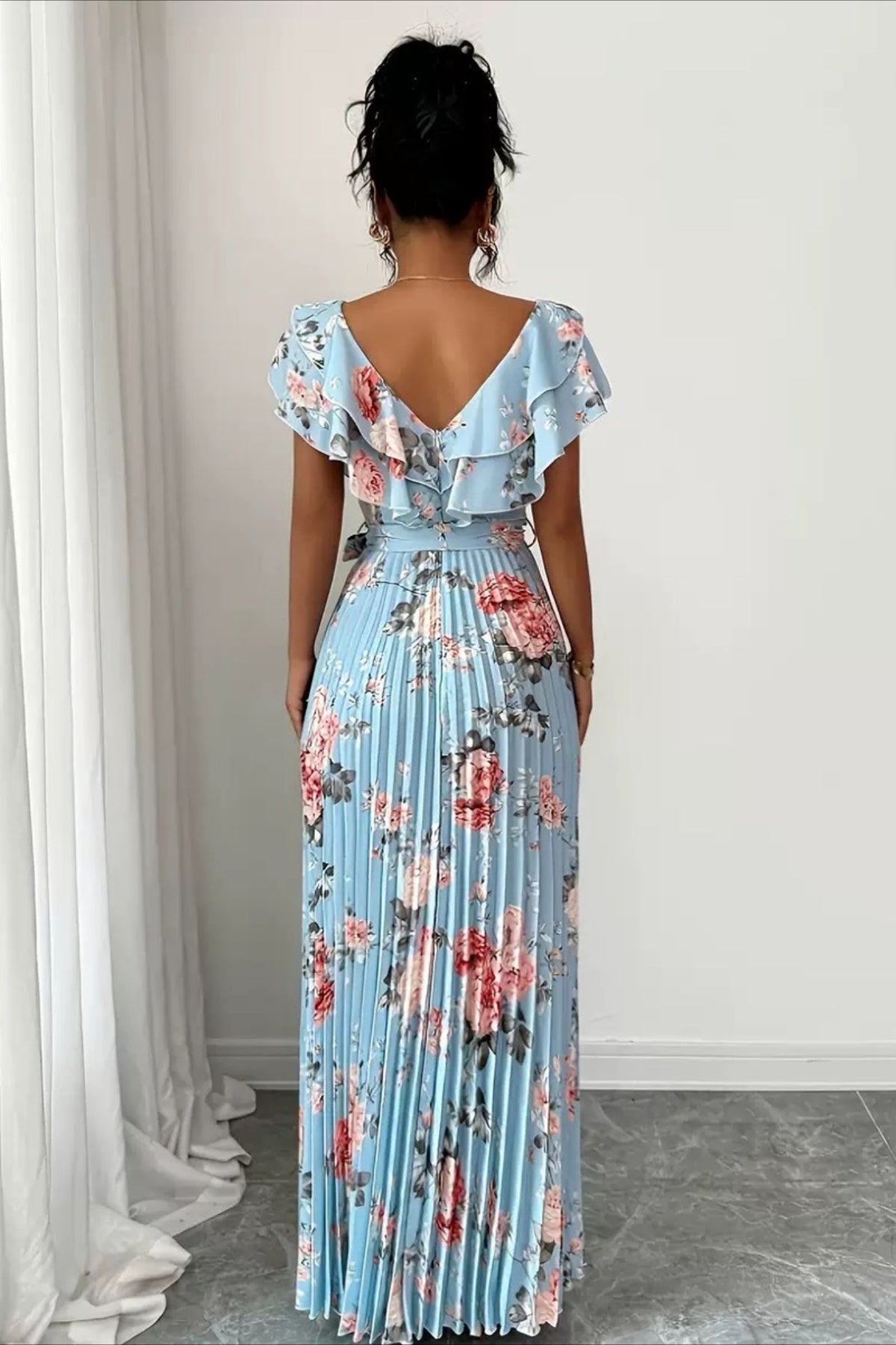Floral V-Neck Ruffle Sleeve Wedding Guest Maxi Dress for Women