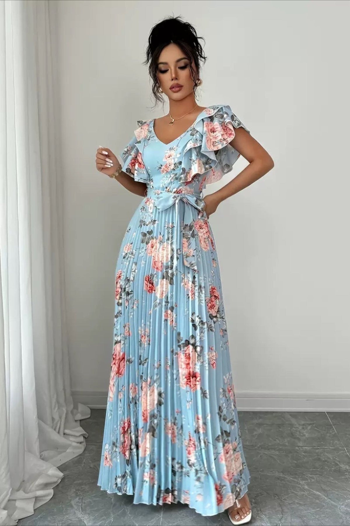 Floral V-Neck Ruffle Sleeve Wedding Guest Maxi Dress for Women