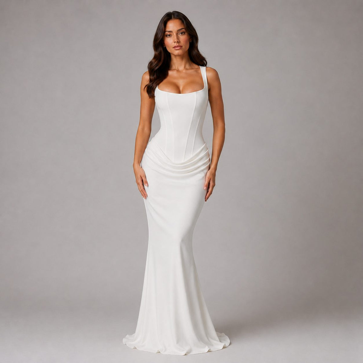 Square Neck Draped Corset Maxi Dress for Women - White