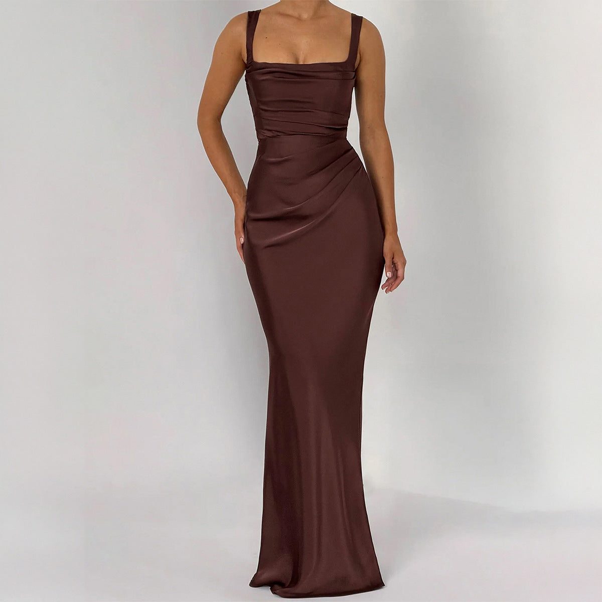 Square Neck Ruched Sleeveless Autumn Wedding Guest Maxi Dress for Women - Brown