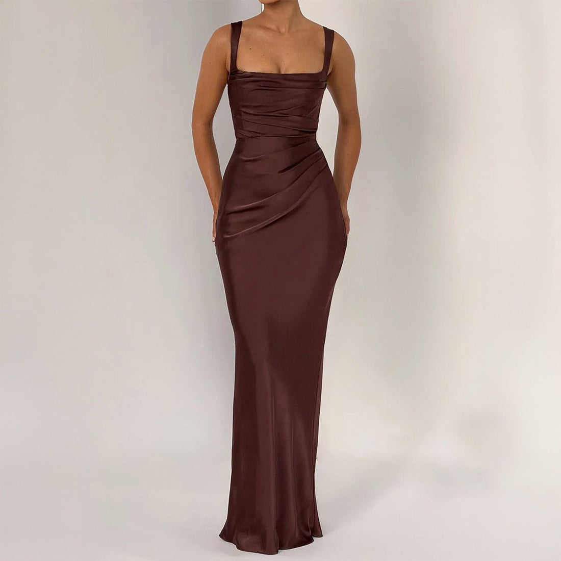 Square Neck Ruched Sleeveless Autumn Wedding Guest Maxi Dress for Women