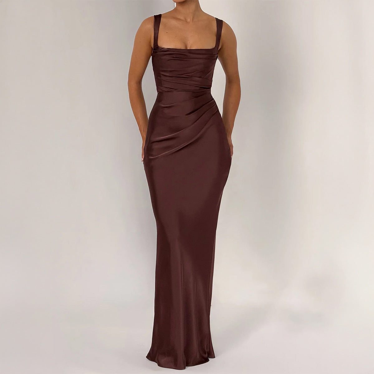 Square Neck Ruched Sleeveless Autumn Wedding Guest Maxi Dress for Women - View 2
