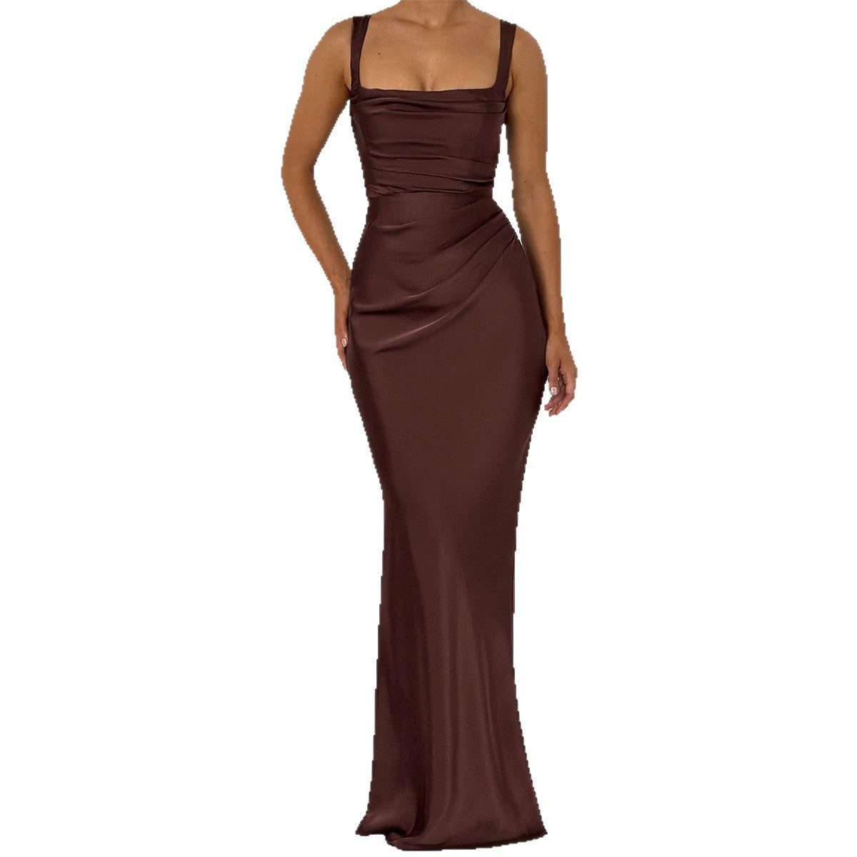Square Neck Ruched Sleeveless Autumn Wedding Guest Maxi Dress for Women - View 4