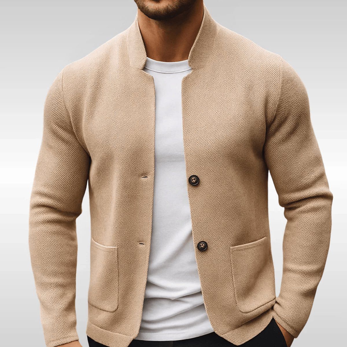 Stand Collar Button Knit Jacket for Men - Beige