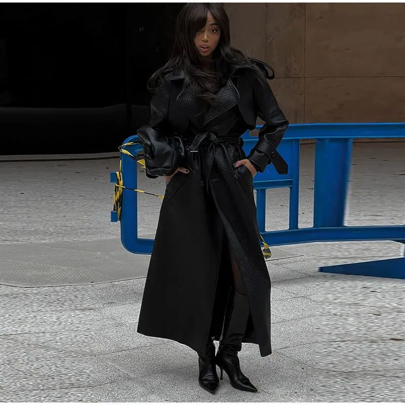 Stand Collar Leather Trench Coat for Women