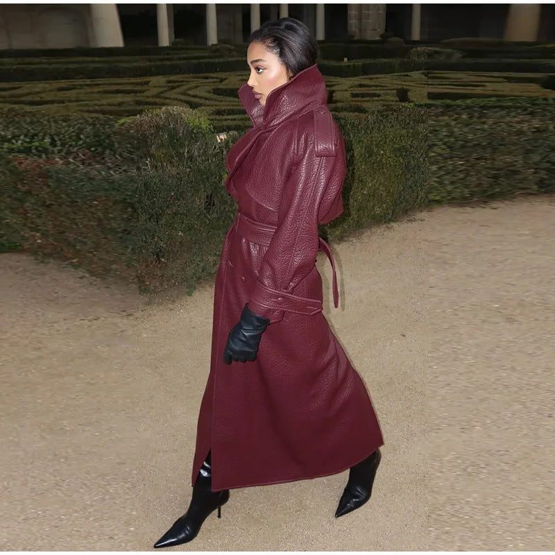 Stand Collar Leather Trench Coat for Women - Red