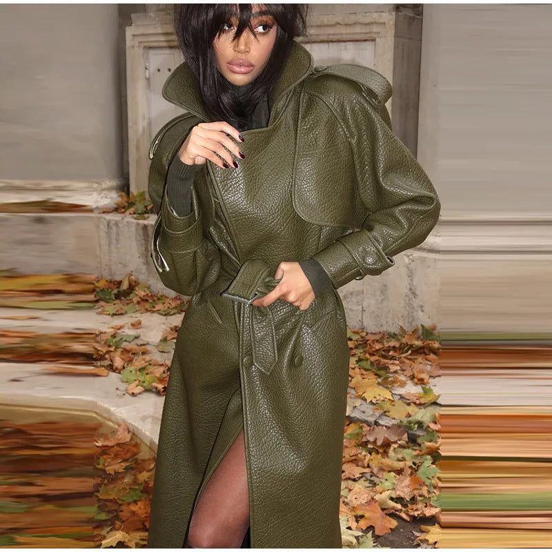 Stand Collar Leather Trench Coat for Women