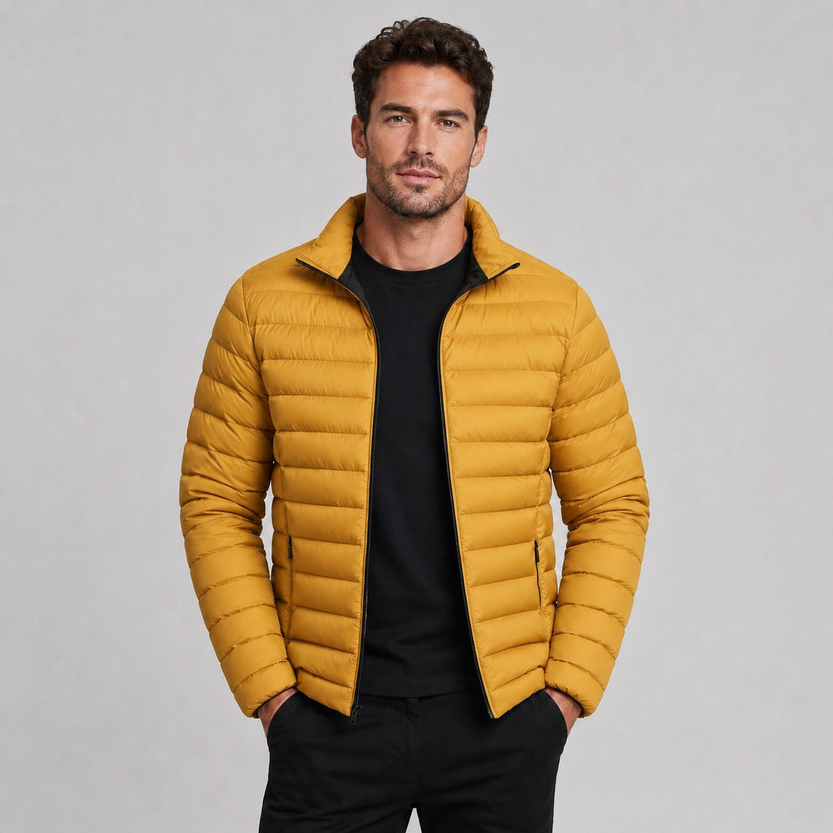 Stand Collar Puffer Jacket for Men - Yellow