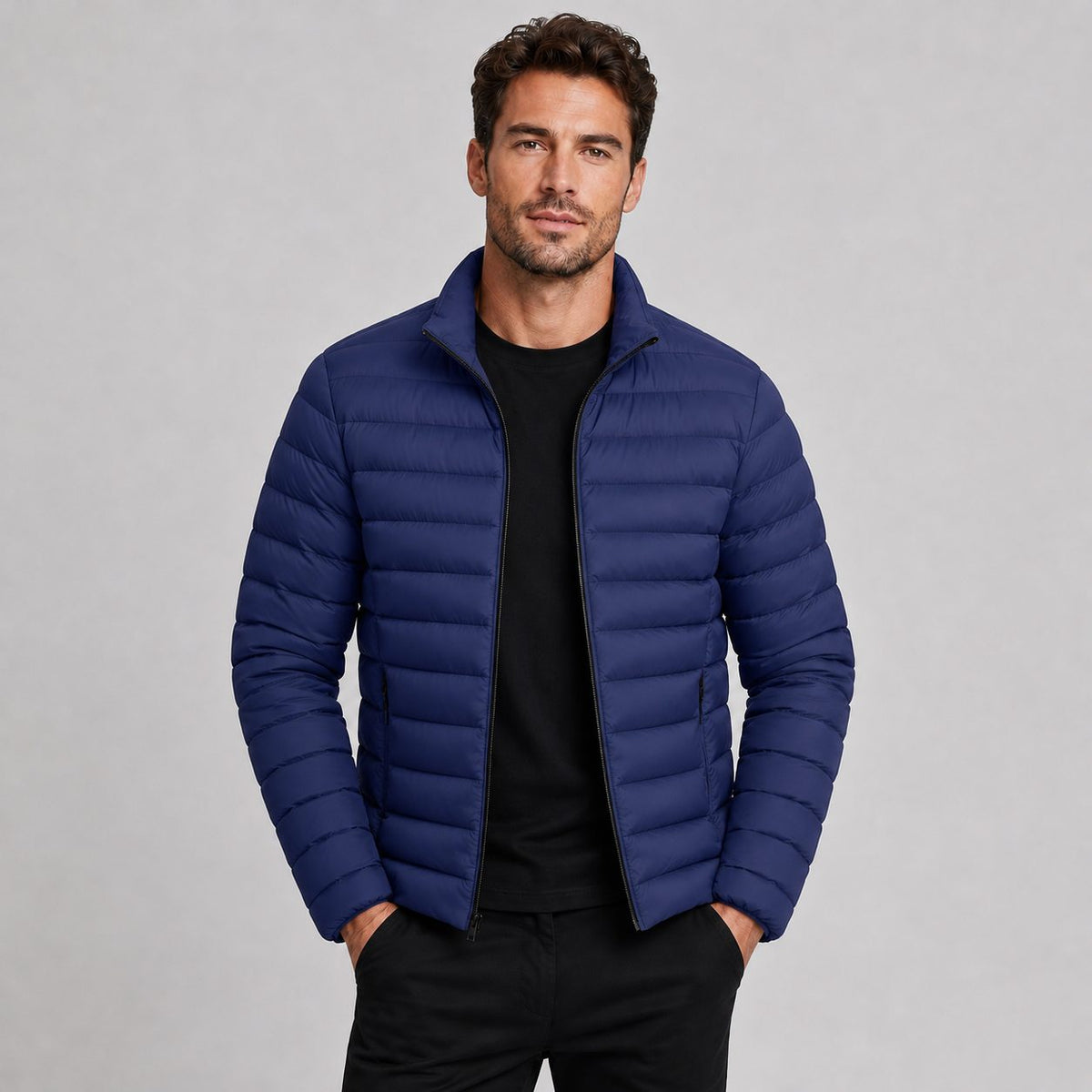Stand Collar Puffer Jacket for Men - Blue