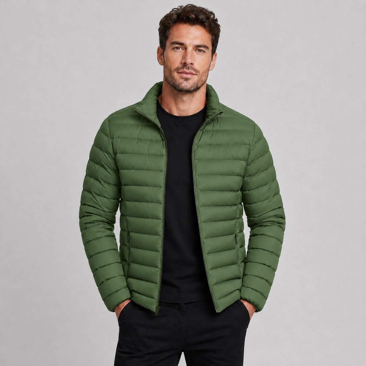 Stand Collar Puffer Jacket for Men - Green