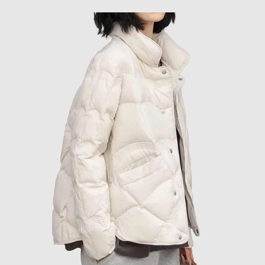 Quilted Jacket with Stand Collar and Button Front for Women - Blanc