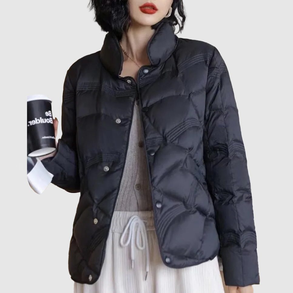 Quilted Jacket with Stand Collar and Button Front for Women - Noir