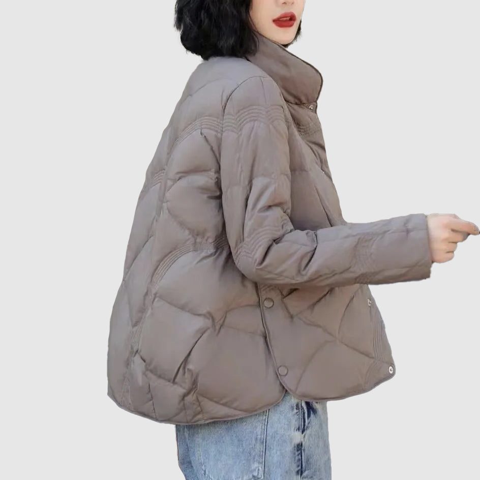 Quilted Jacket with Stand Collar and Button Front for Women - Brun