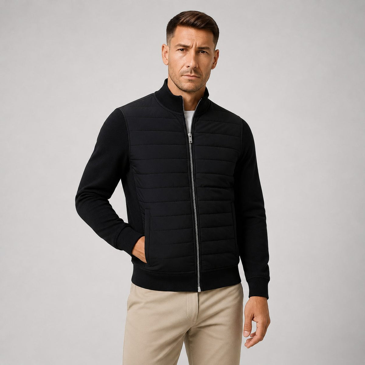 Stand Collar Quilted Jacket with Knitted Sleeves for Men