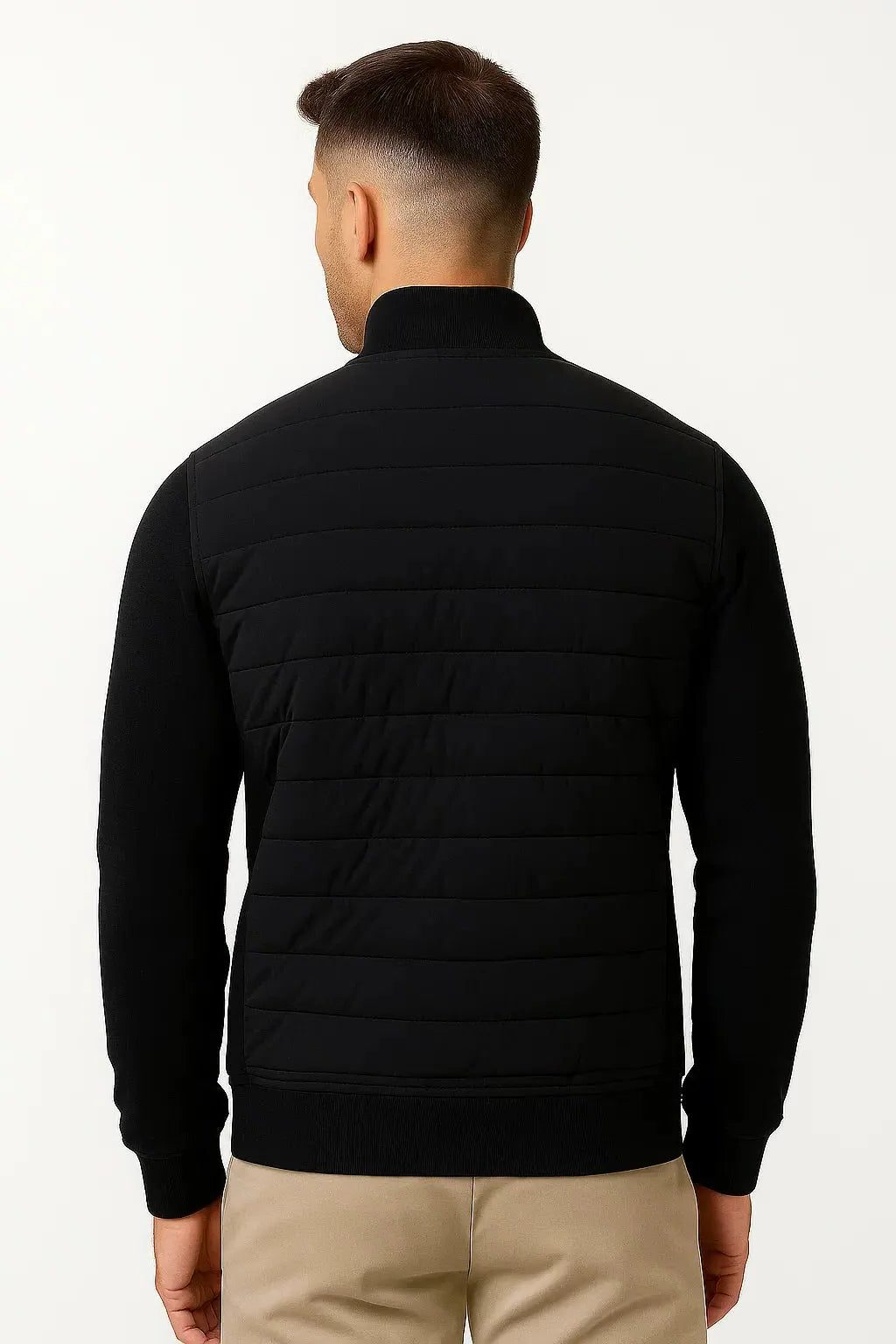 Stand Collar Quilted Jacket with Knitted Sleeves for Men