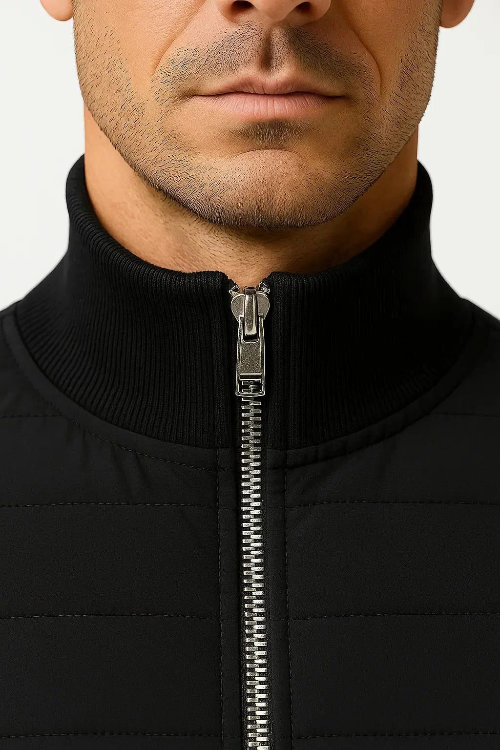 Stand Collar Quilted Jacket with Knitted Sleeves for Men - View 3