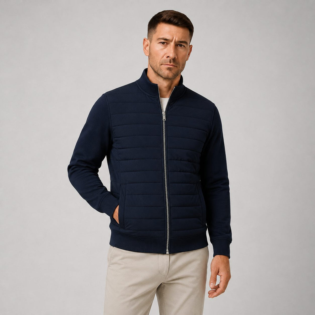 Stand Collar Quilted Jacket with Knitted Sleeves for Men - Navy