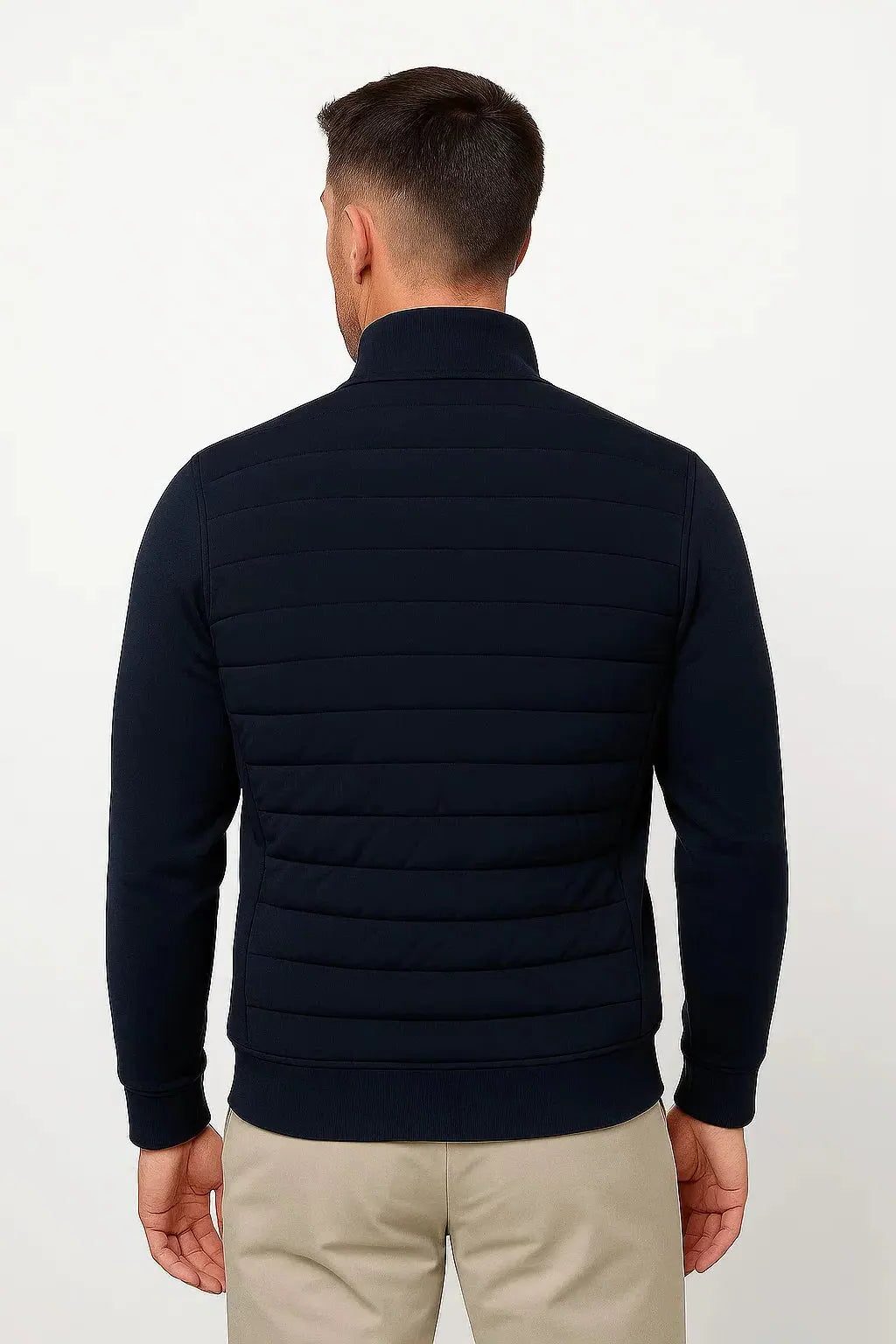 Stand Collar Quilted Jacket with Knitted Sleeves for Men - View 5
