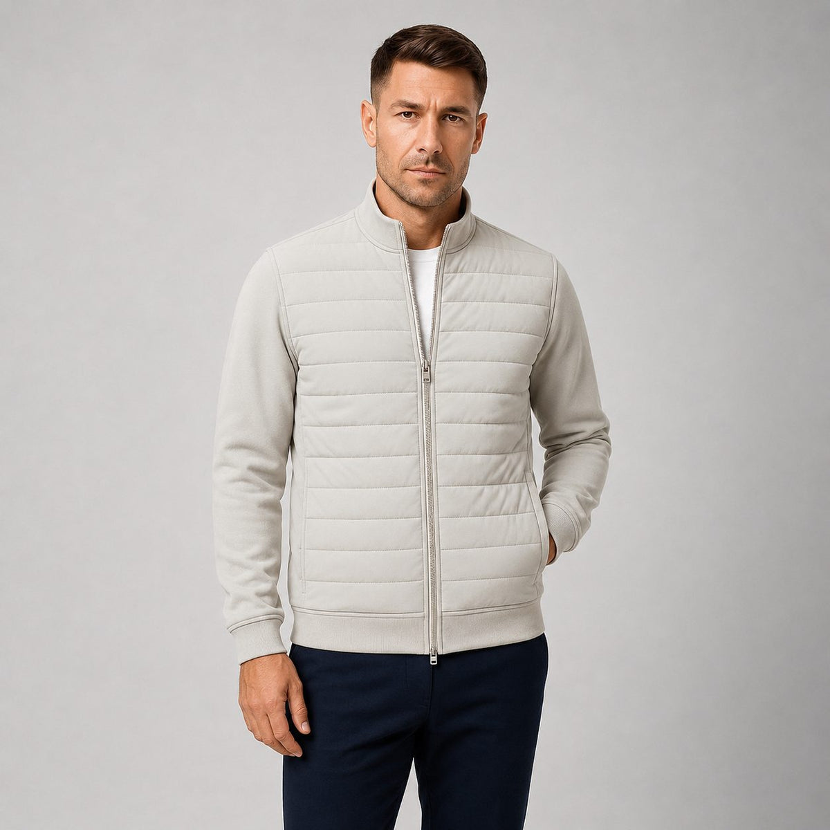 Stand Collar Quilted Jacket with Knitted Sleeves for Men - Light Gray