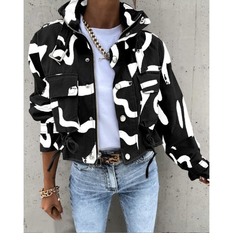 Stand Collar Zip-Up Jacket for Women - Schwarz und Weiß
