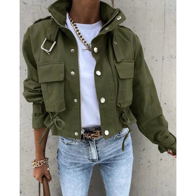 Stand Collar Zip-Up Jacket for Women - Grün