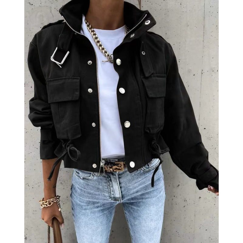 Stand Collar Zip-Up Jacket for Women - Schwarz