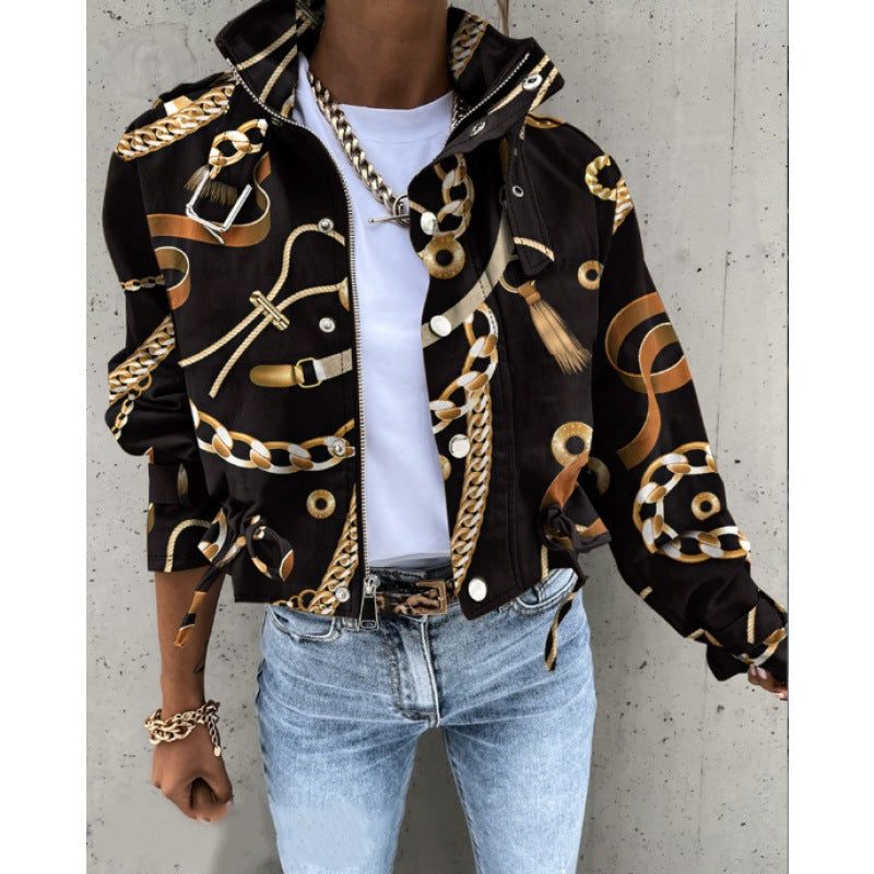 Stand Collar Zip-Up Jacket for Women - Schwarz und Gold